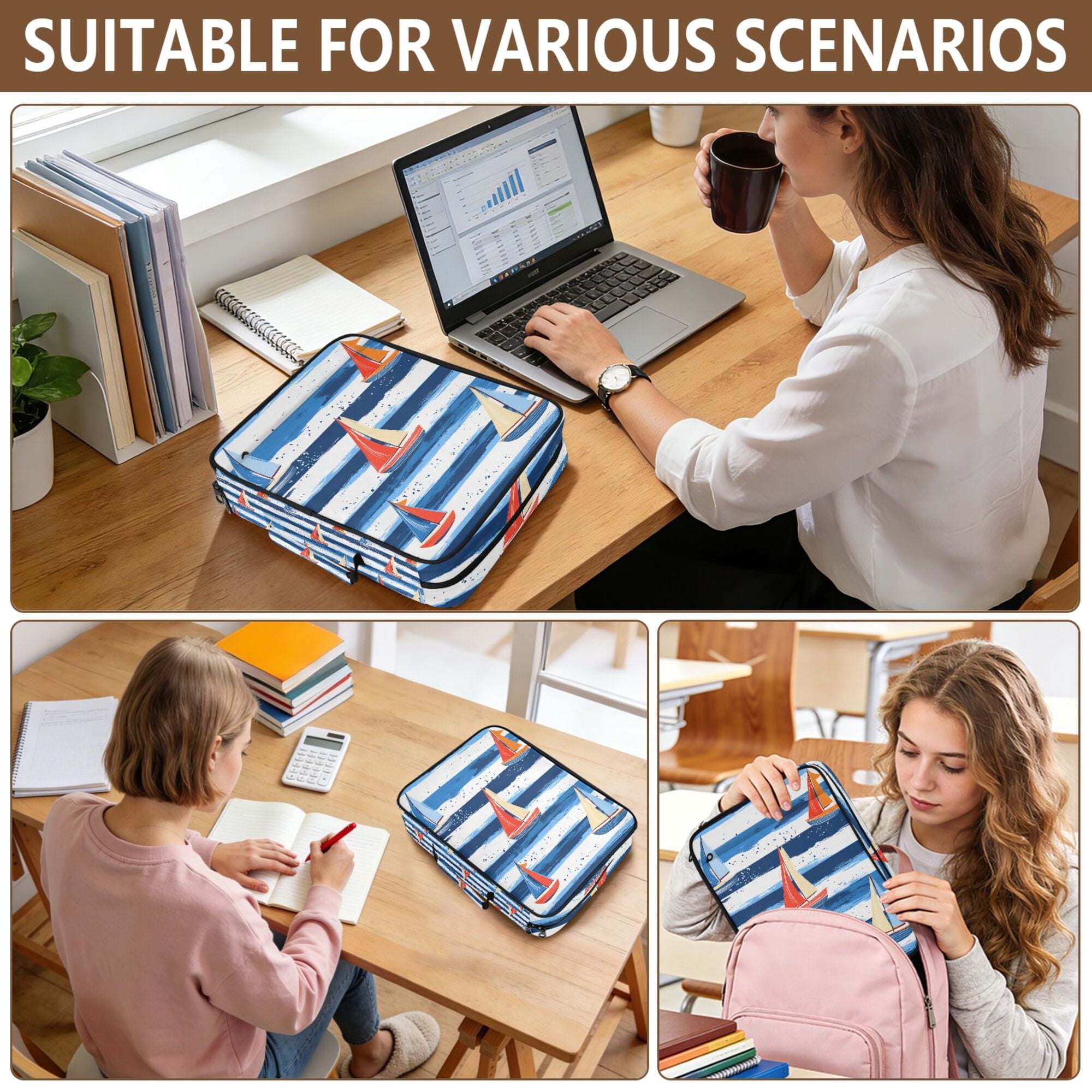 FORMRS Accordion File Folder A4 Size 7-Pocket Expanding Document Organizer Bag with 3 Ring Binder, Blue Sailboats