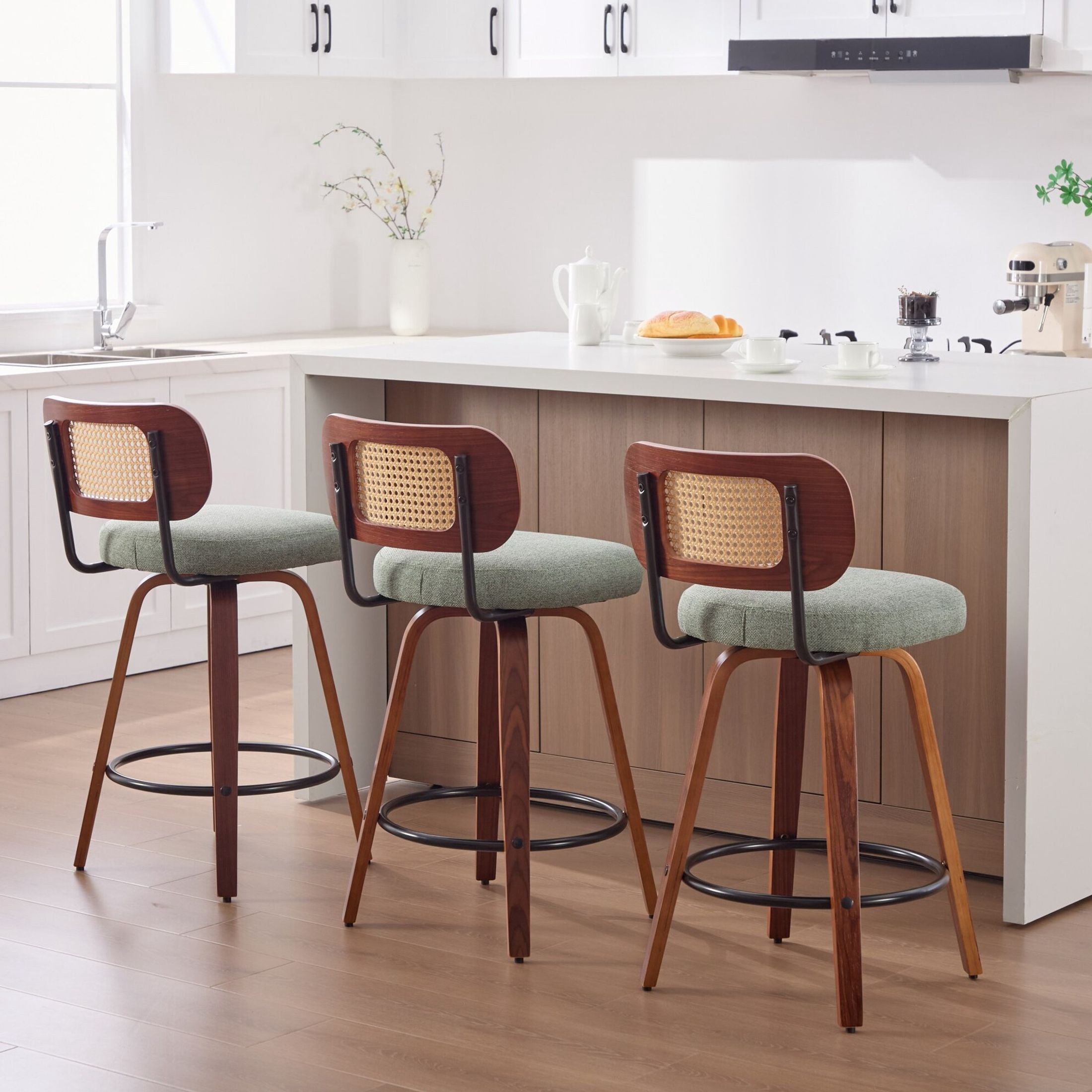 Noble House Set of 3 Counter Height Bar Stools, Cane Back, Linen Upholstered Seat, Walnut+Light Green