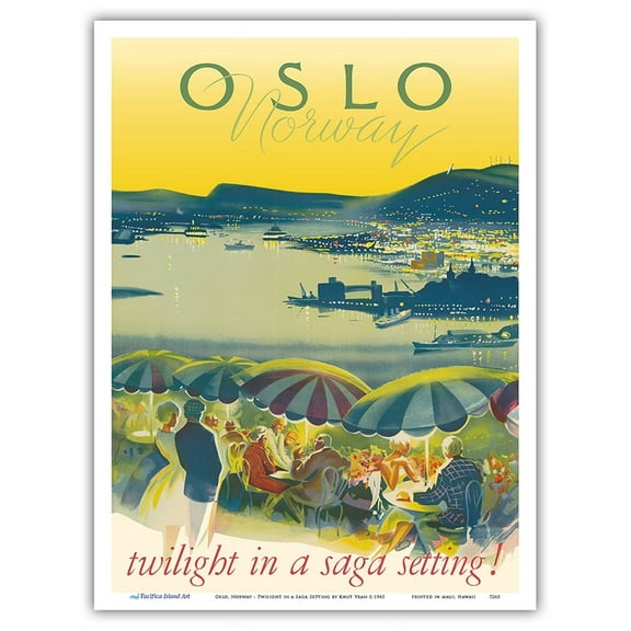 Oslo Norway - Twilight in a Saga Setting - Vintage Airline Travel Poster by Knut Yran c.1965 - Master Art Print (Unframed) 9in x 12in