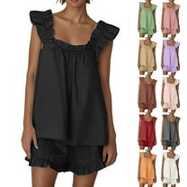 Shorts Set Pajama 2 Piece Outfits Sleeveless Plus Size Ruffle Crop Top Casual Shorts Summer Outfits Women White S