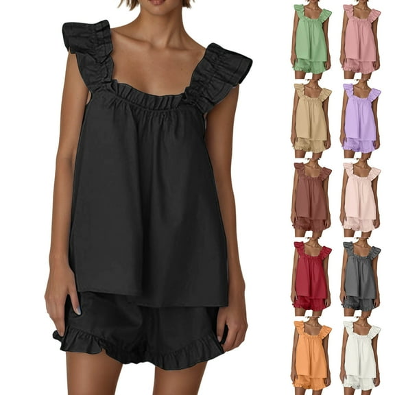Women Shorts Sets Outfits Pajama 2 Piece Outfits Sleeveless Plus Size Ruffle Crop Top Casual Shorts Plus Size Summer Outfits Black L