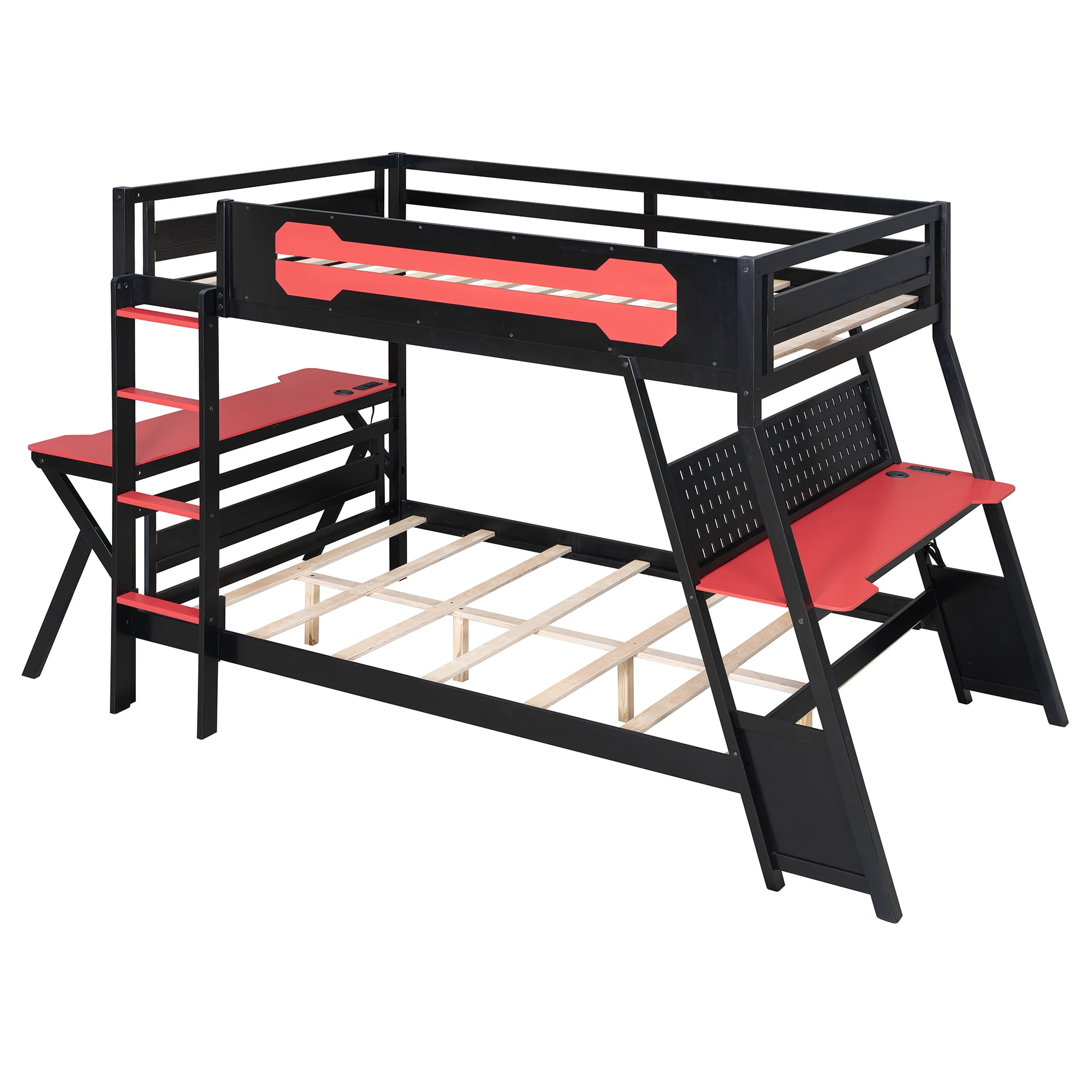 Aukfa Full over Full Bunk Bed with Built-In Desks, USB Charging Ports & Pegboard Organizer, Wood E-Sports Gaming Bed Frame for Kids/Teens, Red