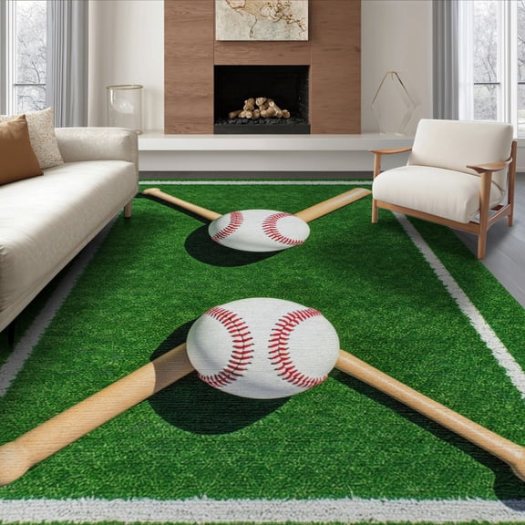 ODIKA 8'x10' Washable Area Rug Baseball Field Sport Design With Crossed Bats Ball And Stitched Seam Accents for Dining Room, Large Office, Lounge, Non-Slip Chair-Friendly Mat