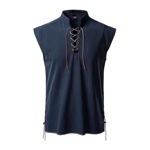 2025 Camisa hippie de playa sin mangas para hombre - Mezcla de lino, cuello alto, ligera - Boho veraniego, S-XXL