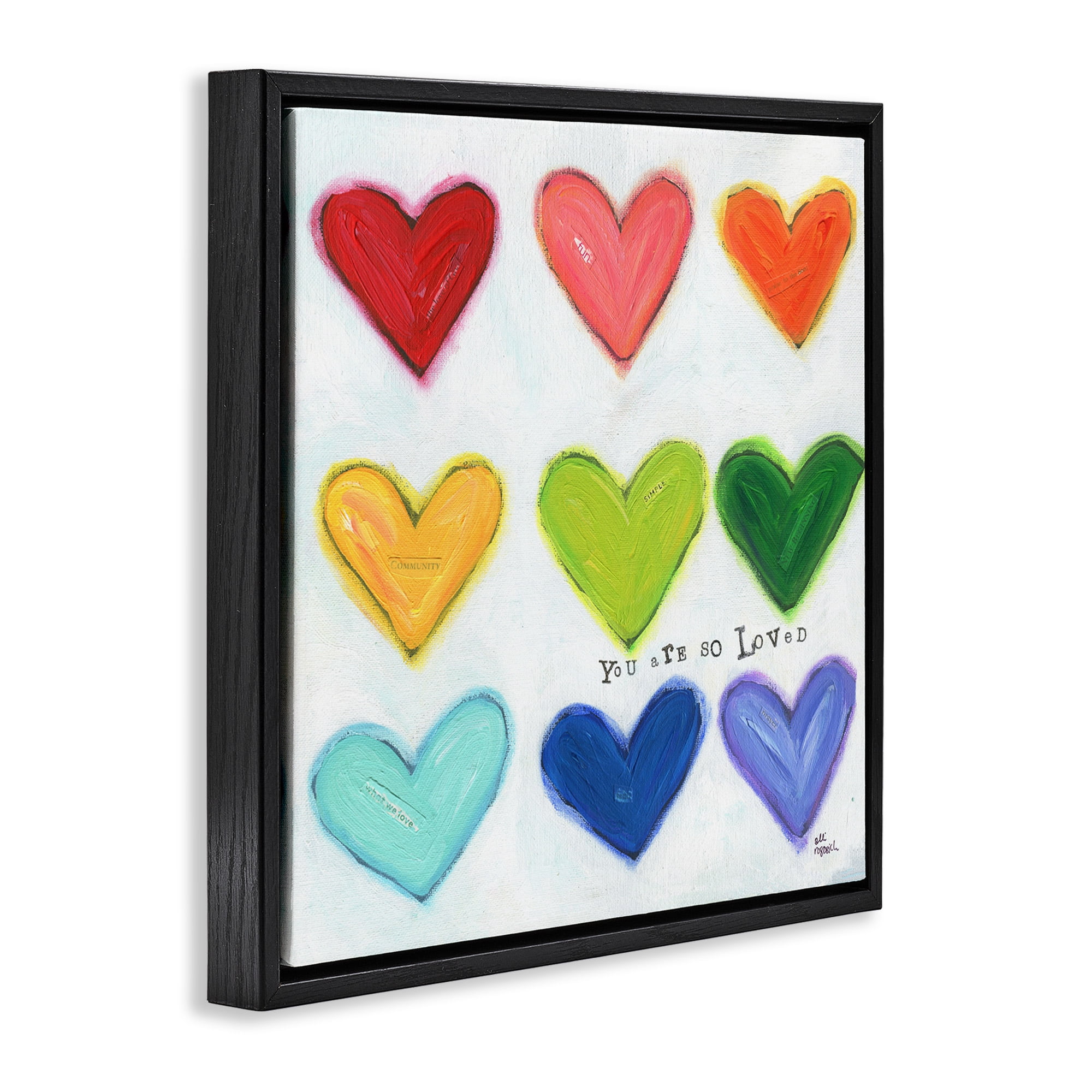 Stupell Industries You Are So Loved Rainbow Hearts Inspirational Painting Black Floater Framed Canvas Art Print Wall Art, 18 x 18