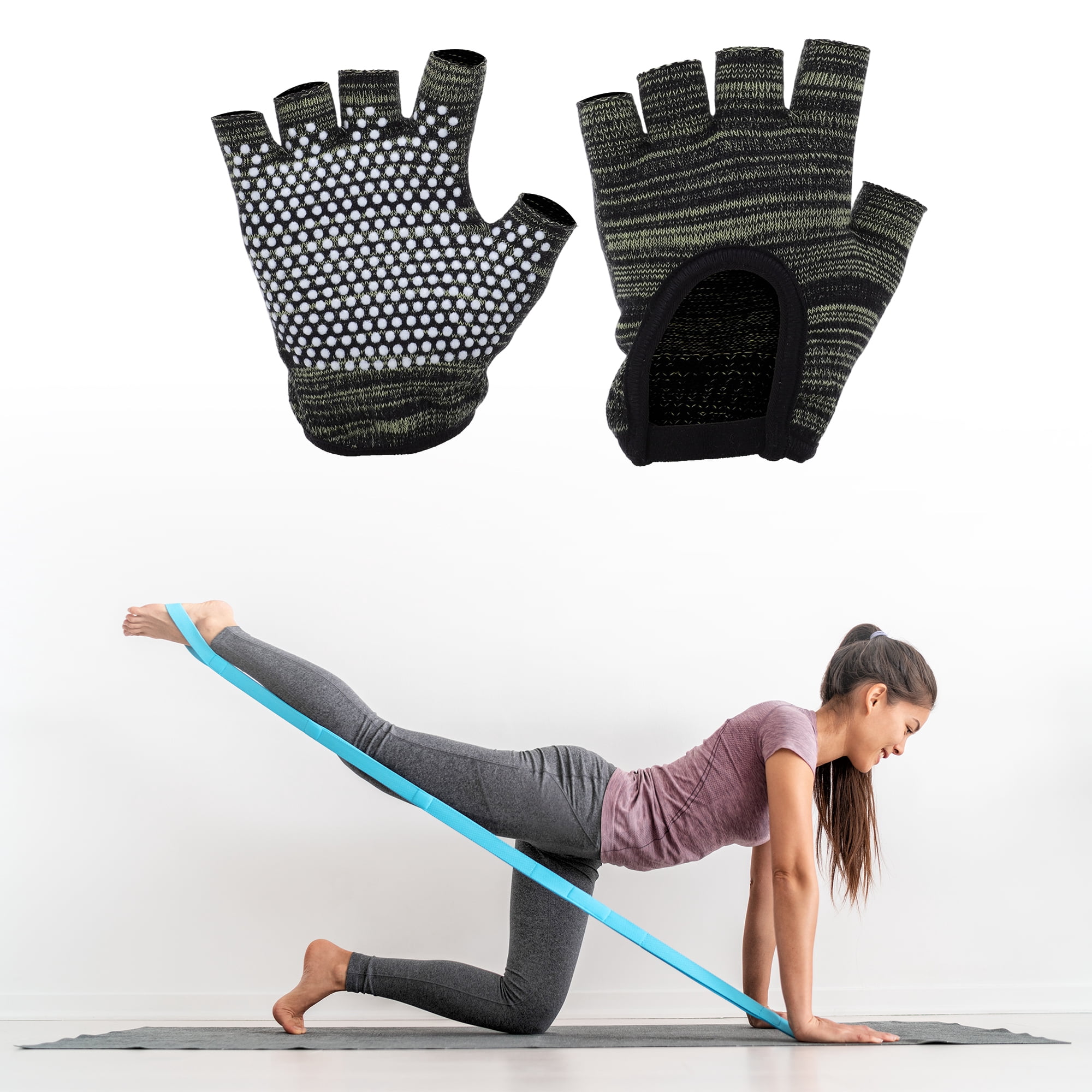 Unique Bargains Non-slip Fingerless Yoga Gloves One Size Black, Green