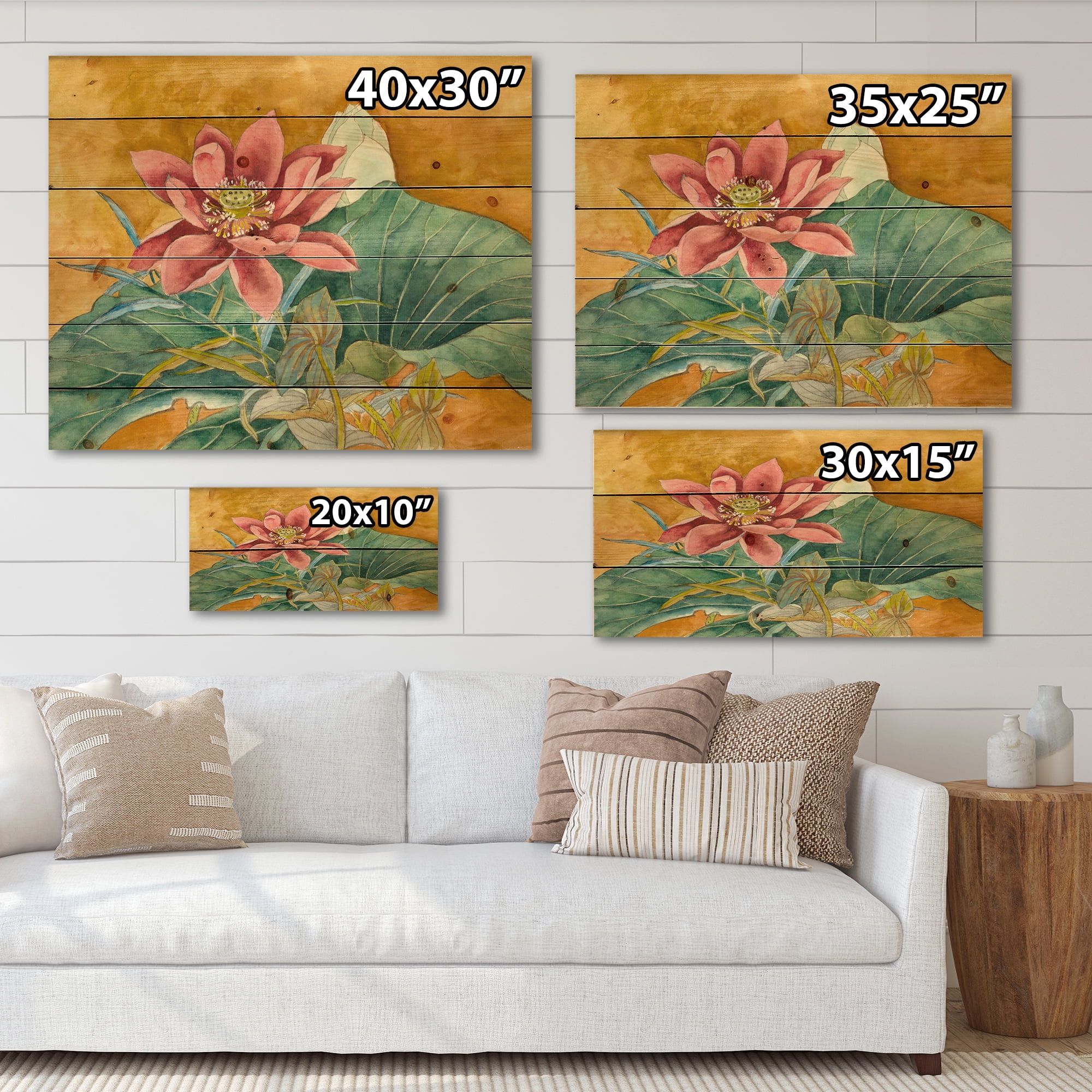 Designart 'Ancient Impression of Pink Lotus' Traditional Print on Natural Pine Wood