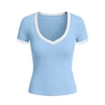 thumbnail image 6 of XPMWRP Summer Tops for Women Short Sleeve Tops V Neck Ribbed Knit Slim Fitted Basic Tee Shirts Casual Clothes Spring Outfits Light Blue S, 6 of 6