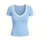 thumbnail image 5 of Camisas de Manga Corta para las Mujeres Blusas Casuales Cuello en V Color Sólido Plisado Primavera, 5 of 6