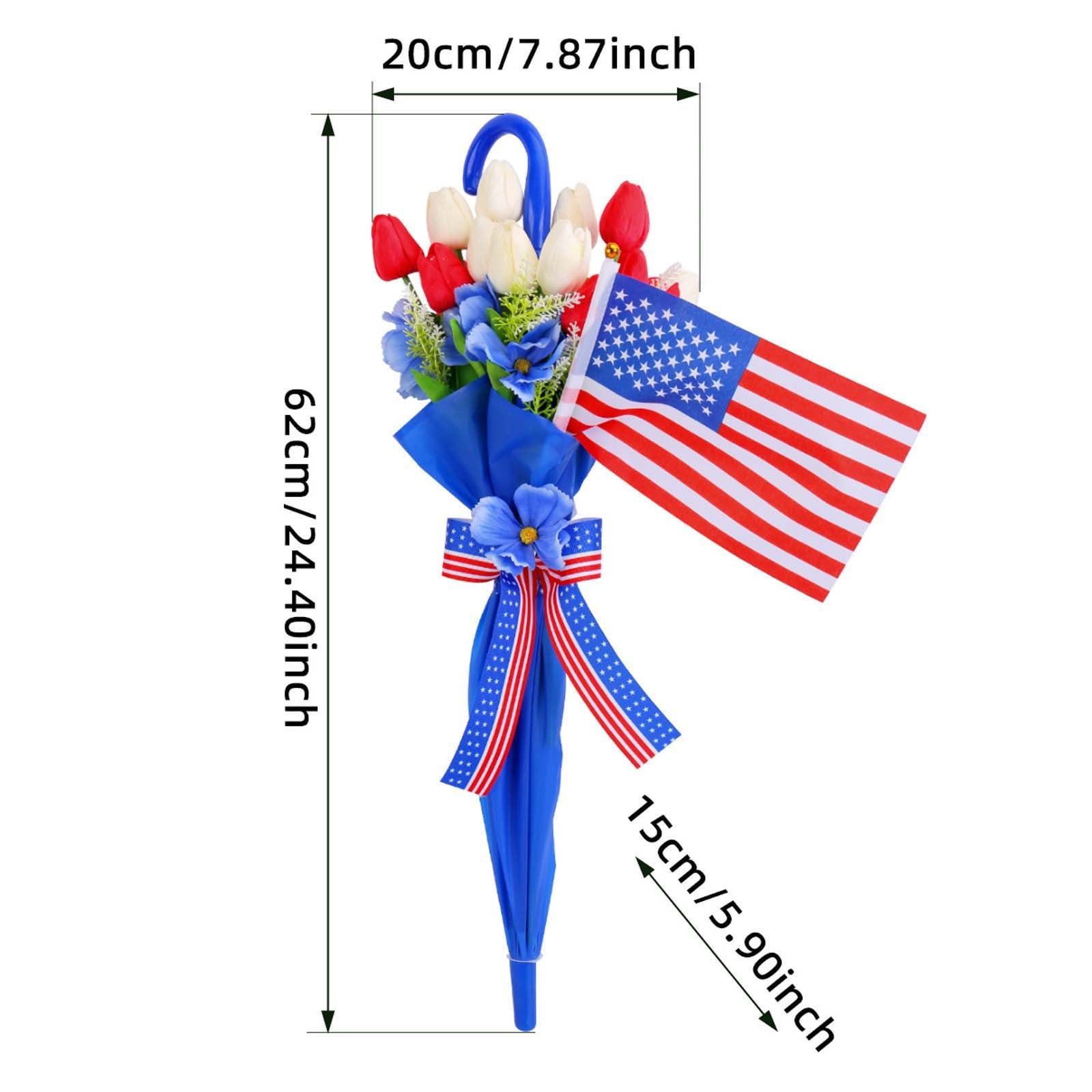 Qocolhg Patriotic Artificial Flower Bouquet for Front Door Decoration, Red, White Blue Tulip in Umbrella Wall Hanging Decor, Mixed Floral Arrangement for Memorial Day & 4th of July Table Centerpieces
