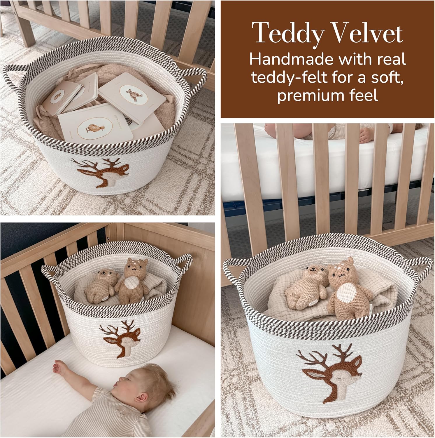 Deer Nursery Storage Basket – Large 15”x11” Cotton Rope Bin with Felt Animal Patch – Baby-Safe Toy Organizer, Laundry Hamper, Diaper & Towel Holder, Foldable & Washable