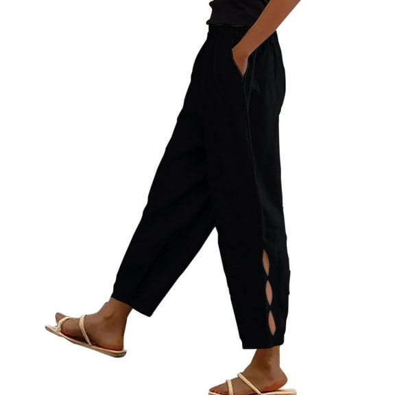 TRUBKH Flowy Pants Cotton Linen Palazzo Pants Flowy Wide Leg Drawstring High Waist Paper Bag Pants Cotton Linen Pants Cotton Yoga Pants for Women Palazzo Pants with Pockets Black S-3XL