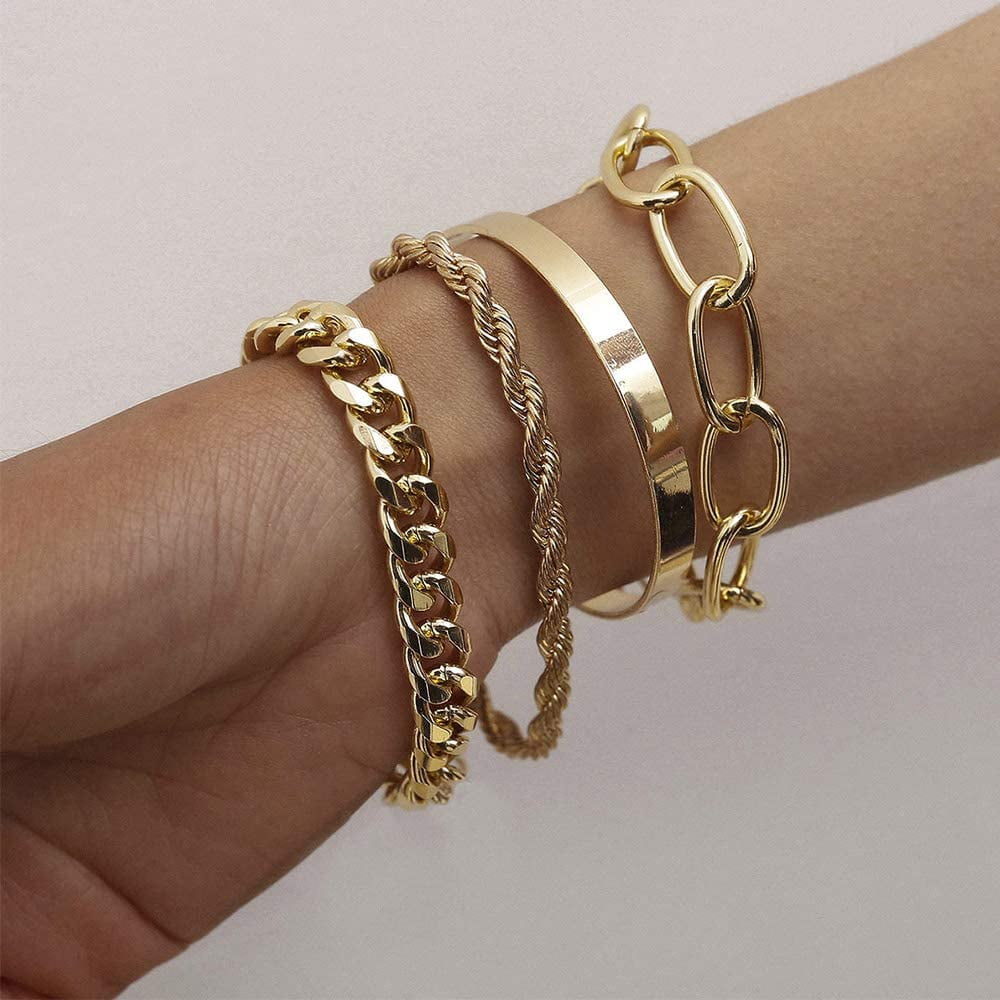 yfstyle 5 Pcs Gold Chain Bracelet Set Adjustable Cuban Link Chain Paperclip Bracelet Layered Bangle Cuff Charm Beaded Bracelets for Women Girls Jewelry Gifts 