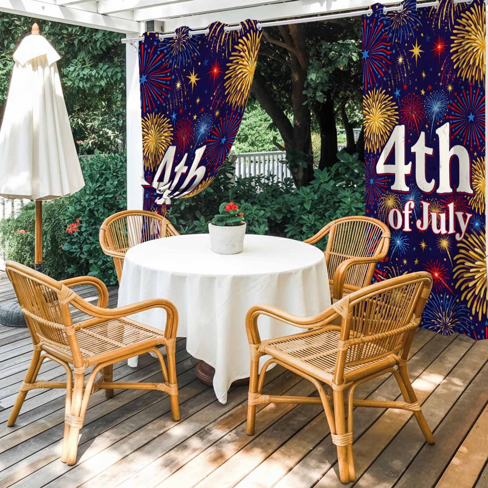 July 4th Outdoor Curtains for Patio, Independence Day Retro Red Blue Yellow Fireworks Dark Blue Sunshade Privacy Drapes Grommet Waterproof Outside Curtains for Porch/Cabana/Balcony 54"x 108", 1 Panel