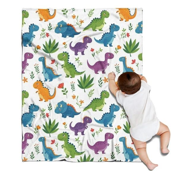 White Floral Dinosaurs Pattern Blanket,Comfortable Soft Flannel Throw Blanket,All Season,Warm Lightweight Blankets for Sofa Bed Couch Living Room Chair,30"x40"