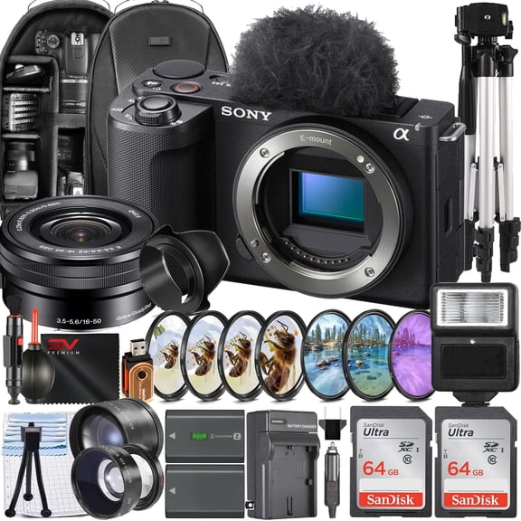 Sony ZV-E10 II Mirrorless Camera (Black) with 16-50mm Lens   2 Pack 64GB Memory Card   Backpack   Filter Kit   Full Size Tripod   SV Premium Accessory Bundle (International Model)
