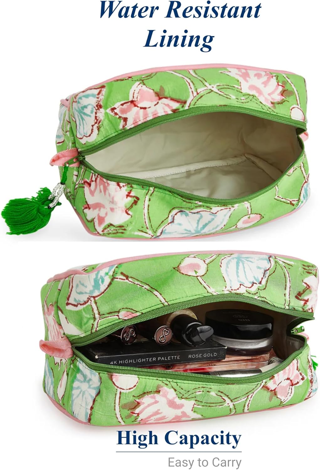Travel Makeup Bag- Large acity Cosmetic Bags for Women - Water Resistance Lining Portable Pouch & Open Toiletry Bag - Perfect Girls Makeup Organizer for Travel Essentials (Lime & Pink Floral)