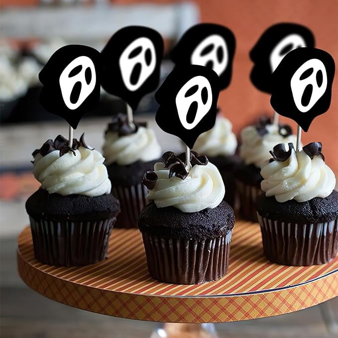 24PCS Halloween Horror Movie Cupcake Toppers Halloween Party Decorations Black Ghost Cupcake Toppers Scary Movie Themed Cake Decorations for Halloween Horror Movie Themed Party Decor Supplies