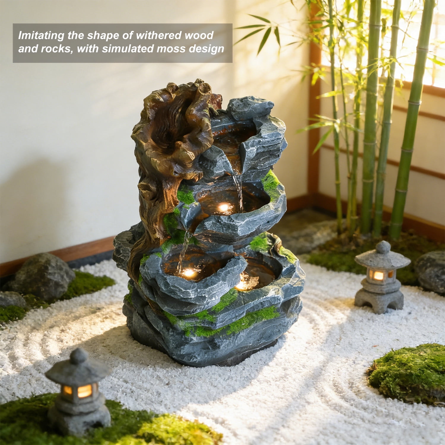 Outdoor Water Fountain with LED Lights,Resin Cascading Waterfall Feature,22.8Inch Garden Patio Decor for Outdoor/Indoor Use