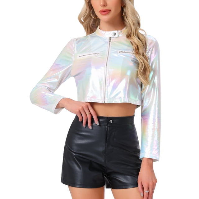 Chaquetas cortas para mujeres INSPIRE CHIC con cuello de pie, cremallera metálica, mangas largas, chaqueta de fiesta S blanca
