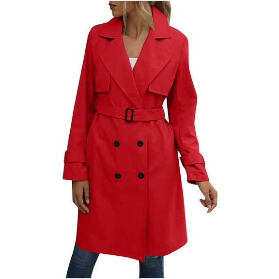 Classic Vintage Trench Coat Womens Double Breasted Lapel Notch Collar Spring Fall Windbreaker Solid Color Overcoat with Belt