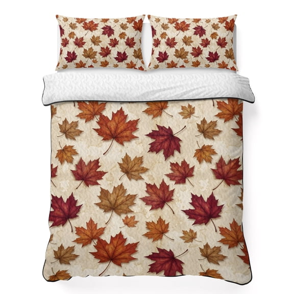 Quilts King Size Bedding Set, Maple Leaves Lightweight Quilted Comforter, Botanical Falling Leaves Rustic Harvest Soft Reversible Bedspread Coverlet with Pillow Covers for All Season, 96" x 106"