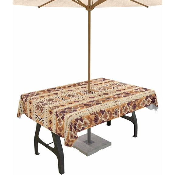 Outdoor Tablecloth with Umbrella Hole and Zipper Ethnic Diamond Rectangle Outdoor Tablecloths 60x102 Waterproof Outside Table Cloths Brown Patio Table Cloth Cover for Outdoor Tables Picnic Garden