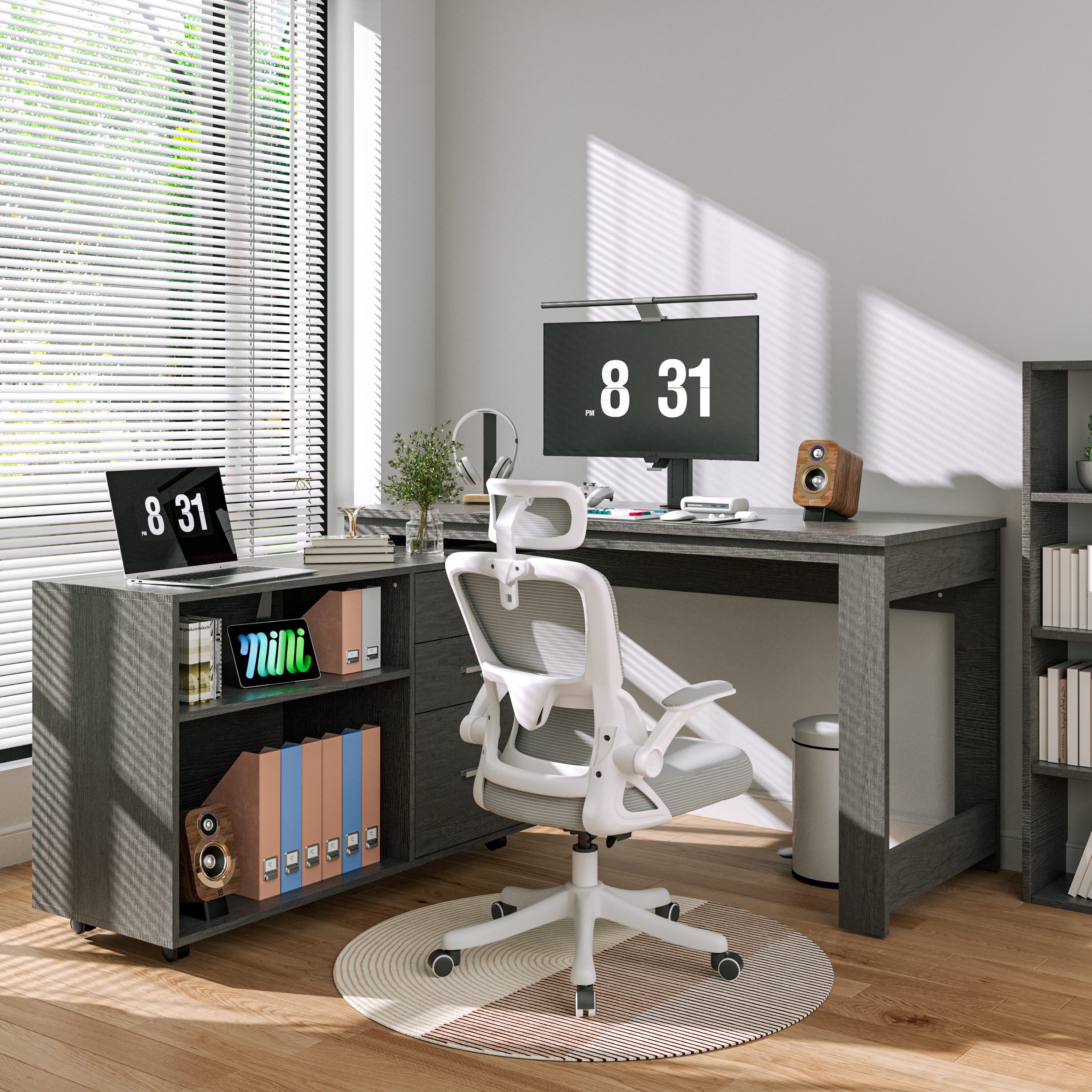 Tolead L-Shaped Lap Desks with Drawers and 2 Shelve, 55 inch Reversible Corner Computer Desks, Black