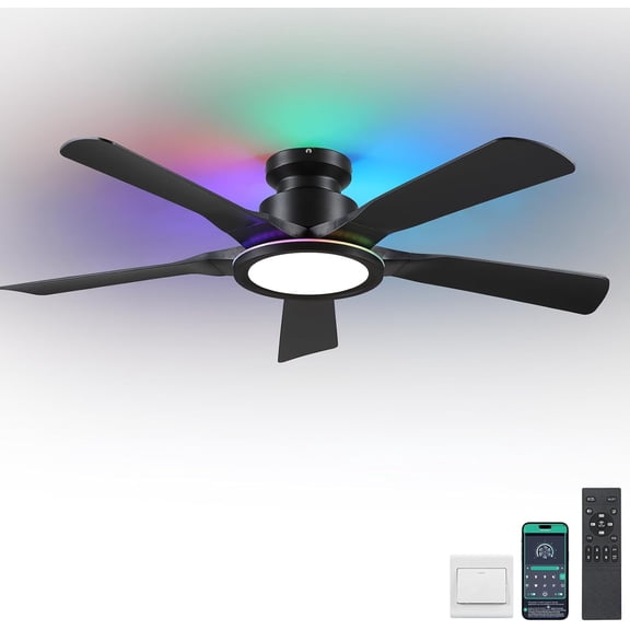 PHORUS 52" Low Profile Flush Mount Ceiling Fan with Dimmable RGB Ring Light, Remote & App Control, 5 Reversible Curved Blades, 3 CCT, 6 Speeds,Black RGB,Perfect for Bedroom & Party