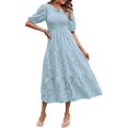 thumbnail image 1 of Robe d'Été 2023 pour Femmes à Manches Bouffantes, Smockée, à Fleurs, Col Ras du Cou, en Dentelle, Midi, Robes Décontractées pour Femmes, 1 of 5