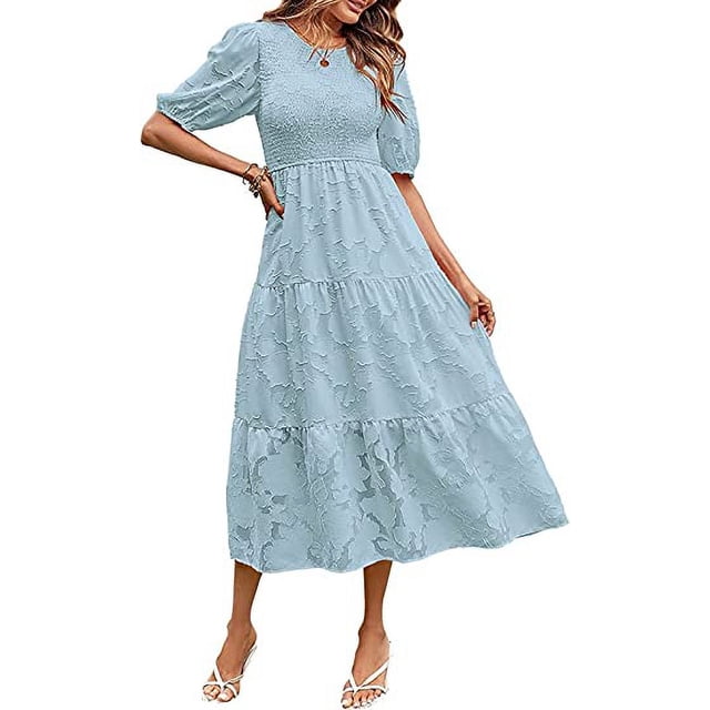 Robe d'Été 2023 pour Femmes à Manches Bouffantes, Smockée, à Fleurs, Col Ras du Cou, en Dentelle, Midi, Robes Décontractées pour Femmes