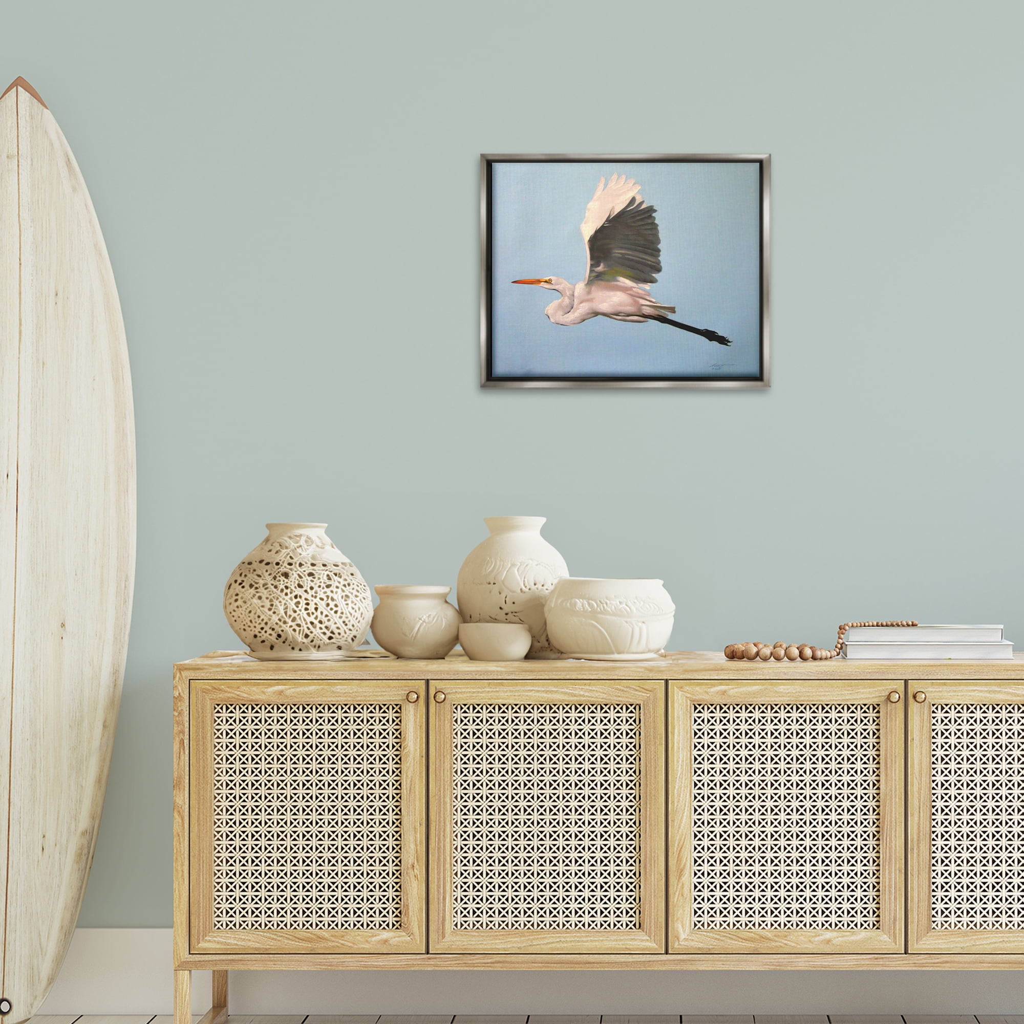 Stupell Industries Graceful Egret Flying Animals & Insects Painting Gray Floater Framed Canvas Art Print Wall Art, 21 x 17