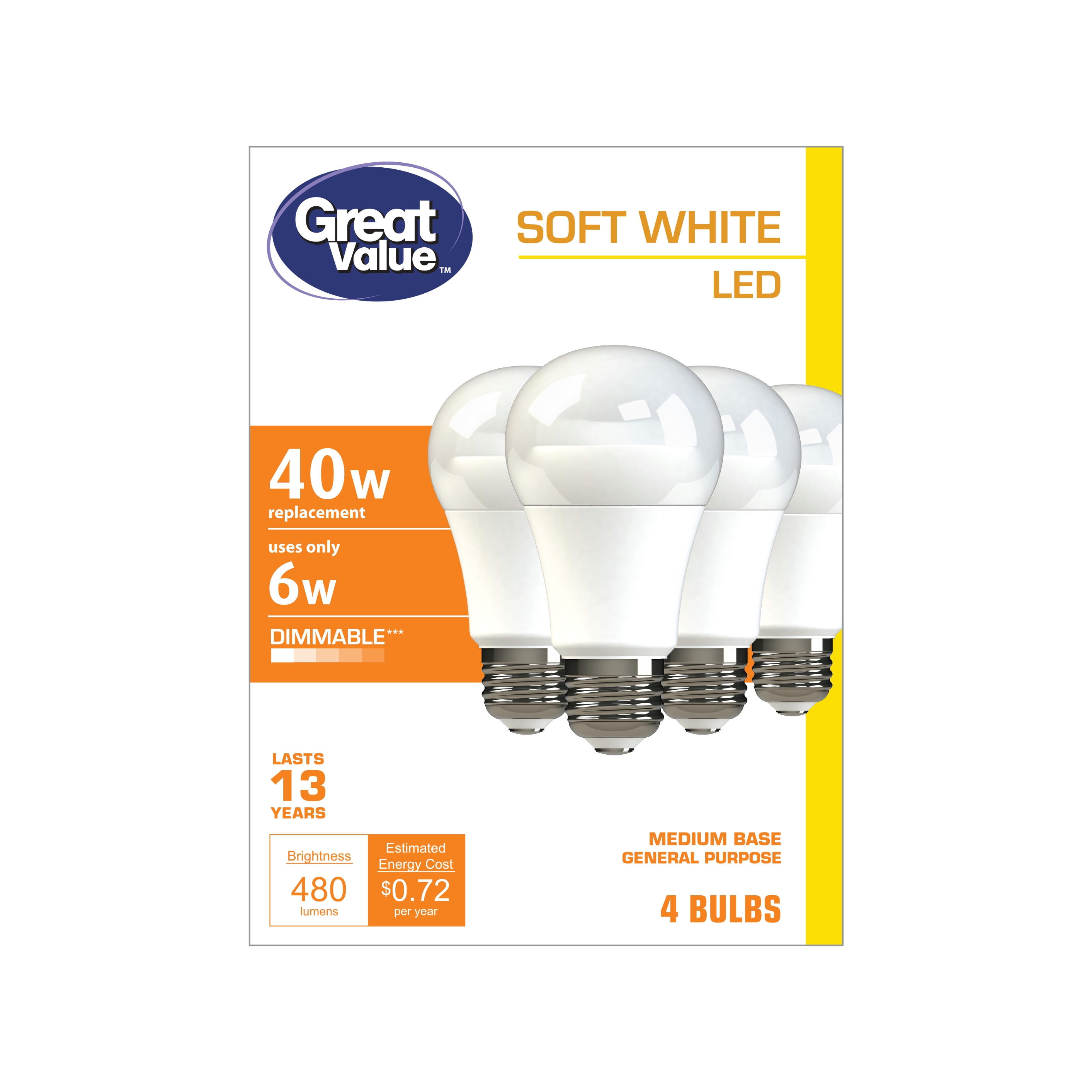 Great Value A19 Frosted Indoor General Purpose LED Light Bulb, 40W Replacement, Soft White, 4-Pack