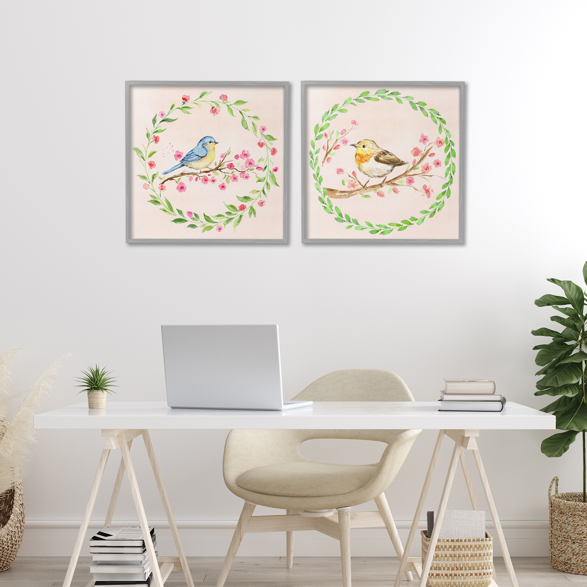 Spring Branches & Wreath Birds 2 Piece Gray Framed Giclee Art Set, design by Elena Fay