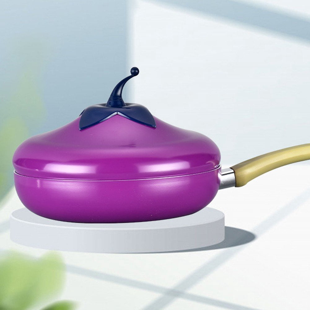 Jiibva 1Pc Purple Eggplant Shape Ceramic Non Stick Skillet Frying Pan with Lid for Home Kitchen