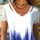 thumbnail image 3 of Camisa de manga corta para mujer, retales con mangas de encaje, cuello en V, camisa holgada estampada para mujer, Top para fiesta diaria de verano, azul XXL, 3 of 6