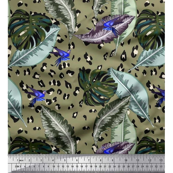 Soimoi Polyester Crepe Fabric Leopard Skin,Monstera & Palm Leaves Tropical Printed Craft Fabric by The Yard 42 Inch Wide