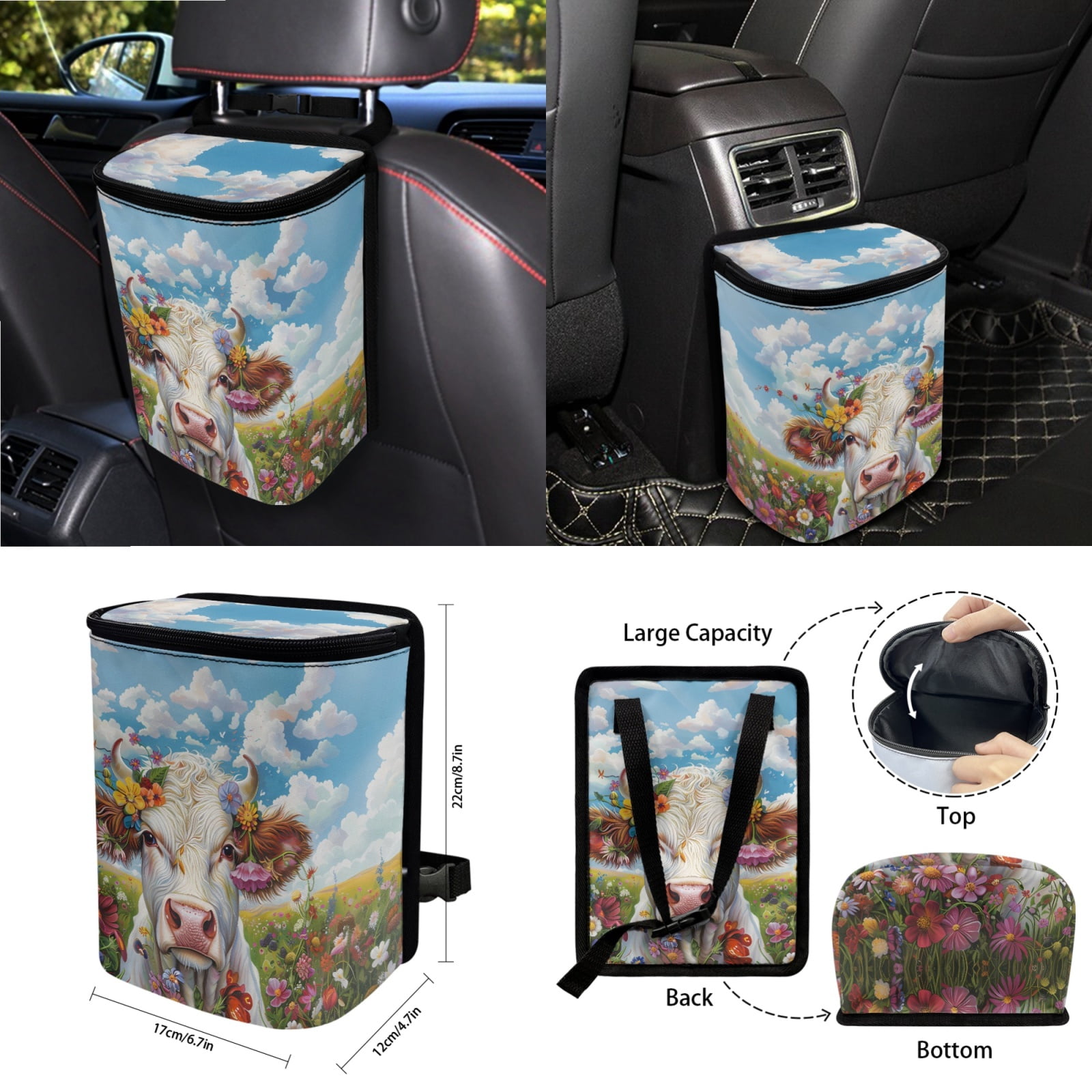 Garronmavis Aesthetic Flower Cow Universal Fit Car Seat Cover Full Set 15 Pieces Wristlet Strap 4 Pcs Seat Belt Car Trash Bag Car Pouch Organizer Interior Rearview Mirrors Protective Cover Cup Mats