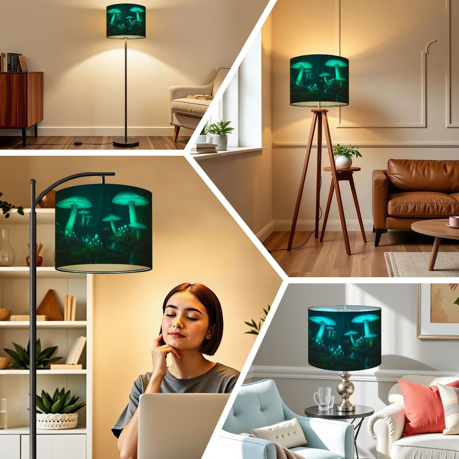 Linen Drum Lampshades Fantasy dark forest green glowing mushrooms 13"x13"x10" Light Shade for Table Lamps Floor Lamps Drum Lamp Shades Lampshade Replacement Assembly Required