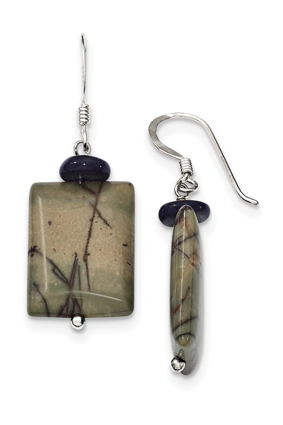 Sterling Silver Black Mother Of Pearl/Picasso Jasper Earrings (43 X 15) Made In Thailand qe9706