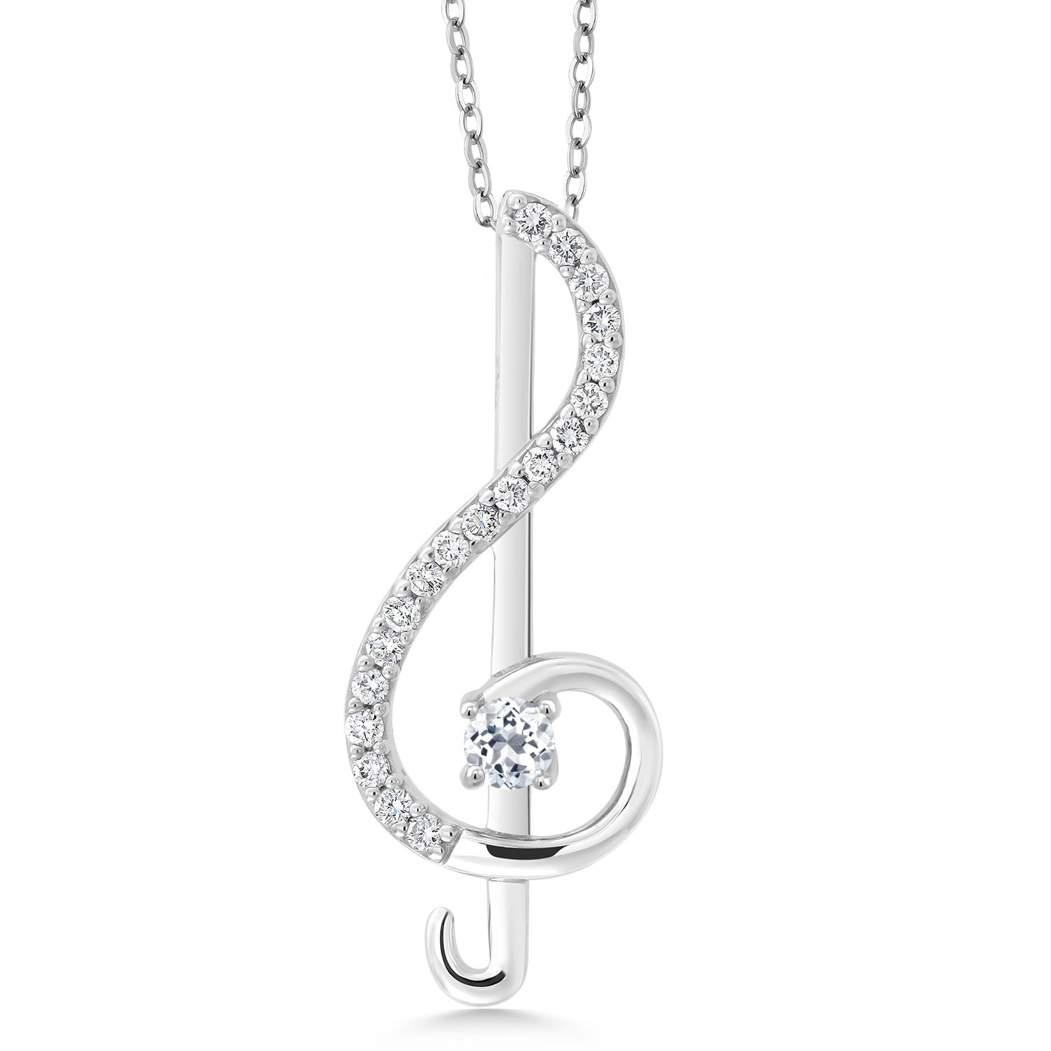 Gem Stone King 925 Sterling Silver White Topaz Pendant Necklace Treble Clef Music Note Jewelry Gift for Women By Keren Hanan (0.33 Cttw, with 18 inch Silver Chain)