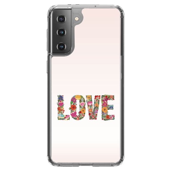 DistinctInk Clear Shockproof Hybrid Case for Galaxy S21 5G (6.2" Screen) - TPU Bumper, Acrylic Back, Tempered Glass Screen Protector - Spring Collection - Floral LOVE Flowers