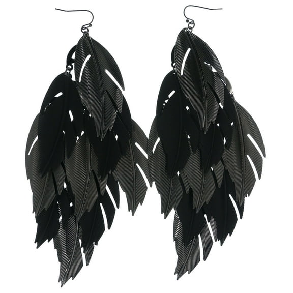 Gun-Metal Colored Feather Shaped French Hook Dangle Earrings For Women TME477