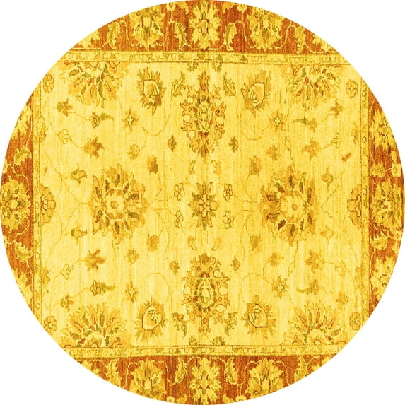 Ahgly Company Machine Washable Indoor Round Oriental Yellow Traditional Area Rugs, 8' Round