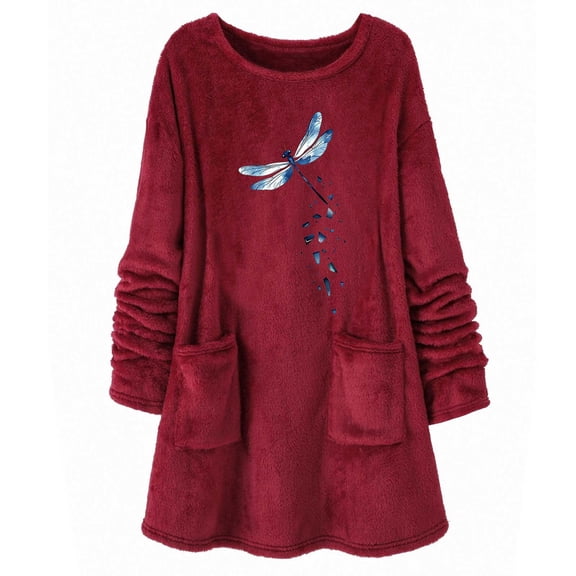 Uootdi Women's Dragonfly Graphic Sweatshirt - Fuzzy Oversized Tunic,Cozy Winter Fall Loungewear,Trendy Animal Print Pullover,Pocketed Casual Top,Soft Warm Outdoor Fashion