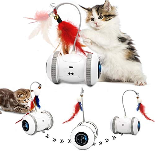 Automatic Irregular USB Charging 360 Degree Self Rotating Ball Toys for Cats/Kitten Pidsen Interactive Robotic Cat Toys 2 in 1 Manual Remote Control Led Light Feathers Cat Toy Ball