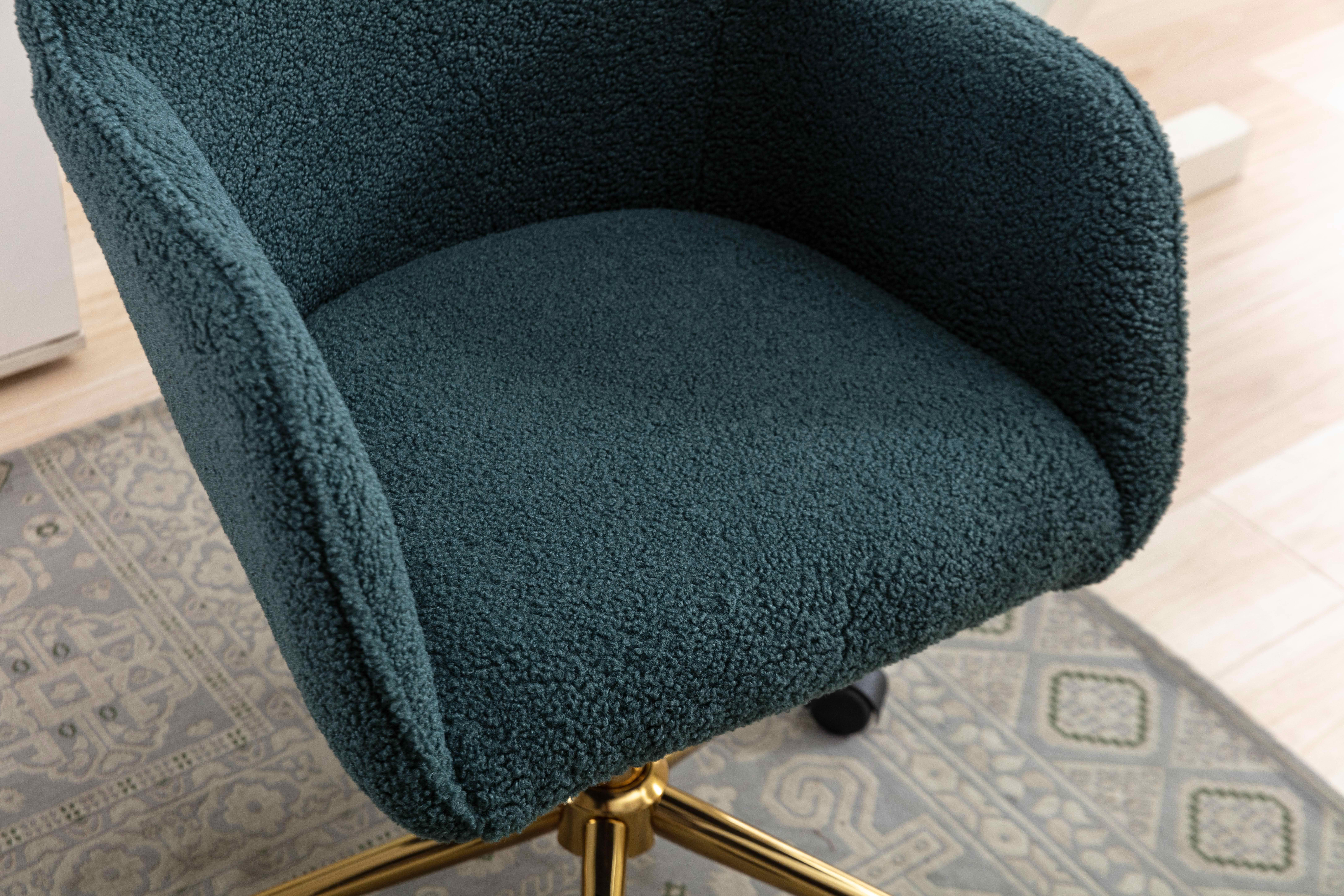 MAYEERTY Modern Teddy Fabric Office Chair, Adjustable Height 360° Revolving with Gold Metal Legs & Universal Wheels, for Indoor Home Office, Green