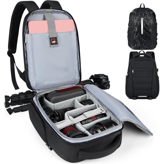Black Professional Camera Backpack - Waterproof 14" Laptop Slot, Anti-Theft & Rain Cover for DSLR/Mirrorless