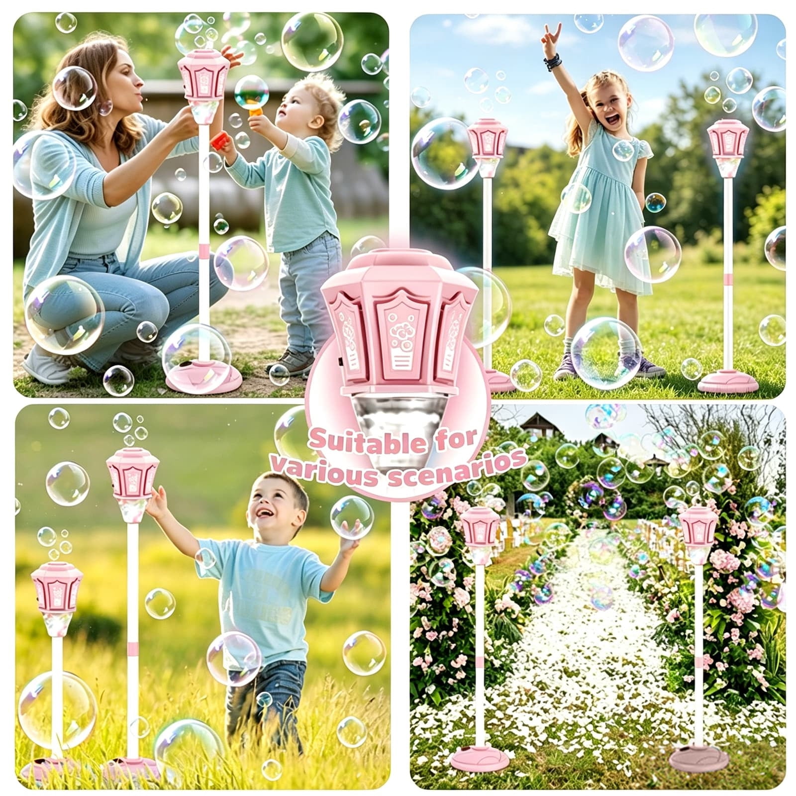 Rechargeable Automatic Bubble Machine With Light Music Adjustable Height And Detachable Wand For Outdoor Play(Pink)