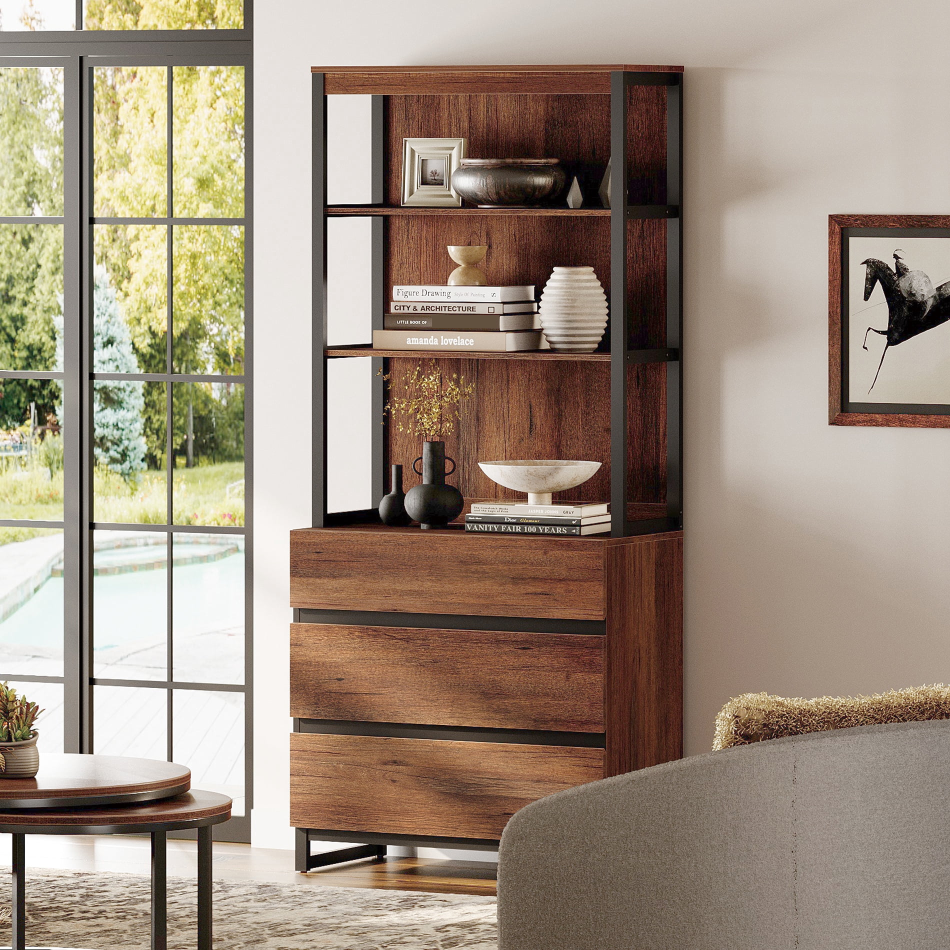 WAMPAT Modern 72" Tall Bookcase with 3 Drawers and Open Book Shelfs, Library Book Shelf with Storage Cabinet, Wood Freestanding Bookshelf for Home Office, Living Room,Brown
